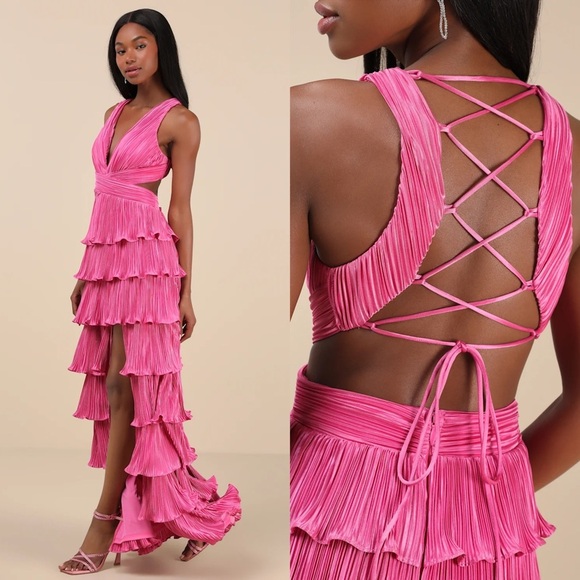 Lulus Pink Satin Pleated Tiered Lace Up Maxi Dress Size XS Formal Glam Prom - Picture 2 of 9